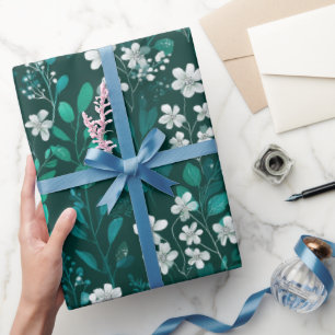 Papel De Regalo Elegante patrón floral blanco de hoja esmeralda
