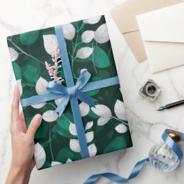 Papel De Regalo Elegante patrón floral blanco de hoja esmeralda