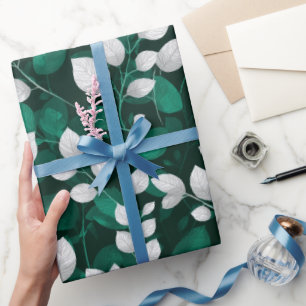 Papel De Regalo Elegante patrón floral blanco de hoja esmeralda