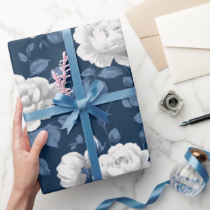 Papel De Regalo Elegante patrón floral blanco rosa azul marino