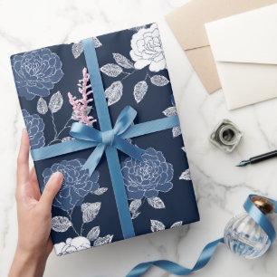 Papel De Regalo Elegante patrón floral blanco rosa azul marino