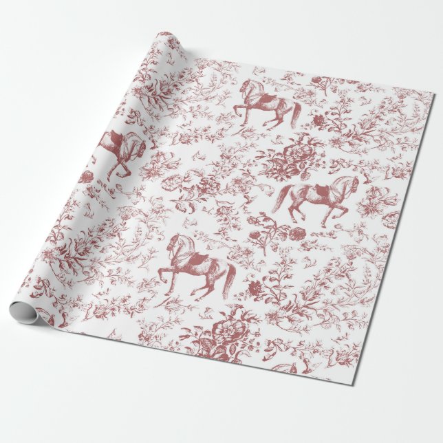 Papel De Regalo Elegante Patrón Floral de Caballo Blanco Rojo Vint (Desenrollado)