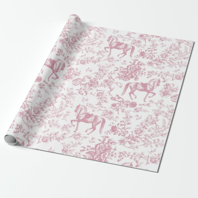 Papel De Regalo Elegante patrón floral de caballos blancos rosados (Desenrollado)