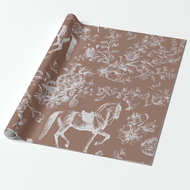Papel De Regalo Elegante patrón floral de caballos marrones (Desenrollado)