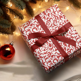 Papel De Regalo Elegante patrón floral de damasco rojo oscuro blan
