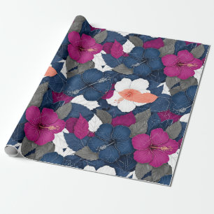 Papel De Regalo Elegante patrón floral de hibisco azul (2)
