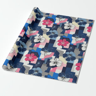 Papel De Regalo Elegante patrón floral de hibisco azul (4)