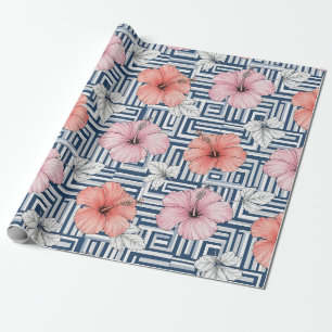 Papel De Regalo Elegante patrón floral de hibisco azul (6)