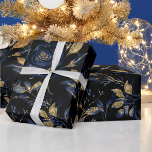 Papel De Regalo Elegante patrón floral de rosa azul marino y dorad