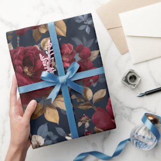 Papel De Regalo Elegante patrón floral de rosa borgoña y azul mari