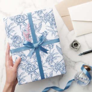 Papel De Regalo Elegante patrón floral de Toile de Jouy azul franc