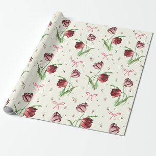 Papel De Regalo Elegante patrón floral de tulipanes con lazos rosa