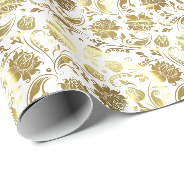 Papel De Regalo Elegante patrón floral dorado y blanco (Esquina del rollo)