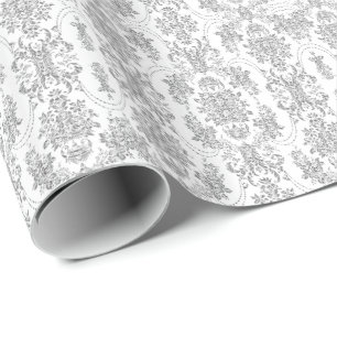 Papel De Regalo Elegante patrón floral gris plateado y ornato blan
