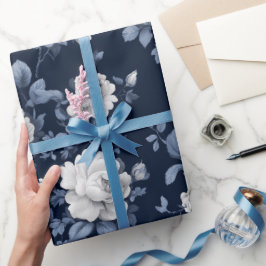 Papel De Regalo Elegante patrón floral rosa azul marino blanco