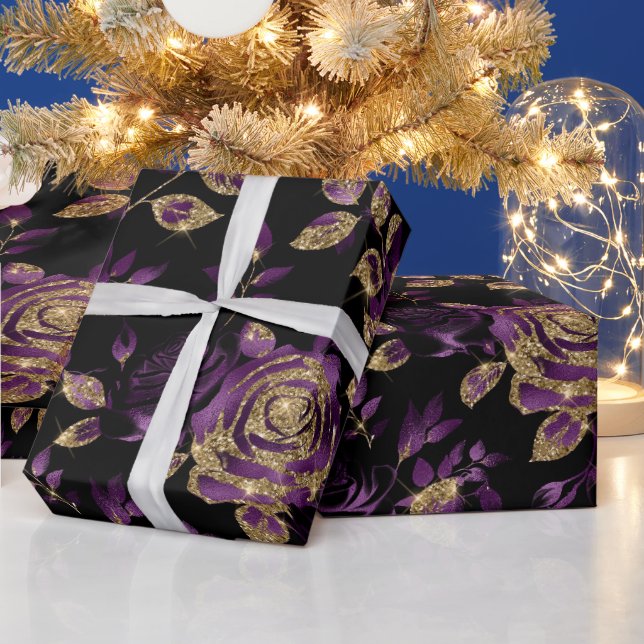 Papel De Regalo Elegante patrón floral Rosa morado y dorado (Vacaciones)
