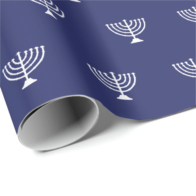 Papel De Regalo Elegante patrón menorah judío azul marino (Esquina del rollo)