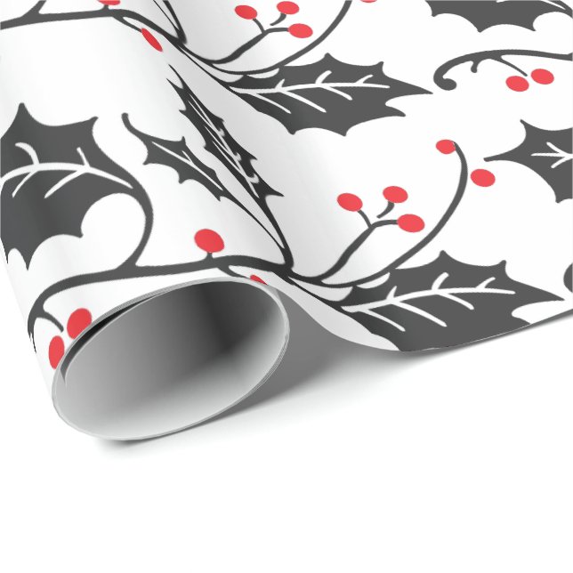 Papel De Regalo Elegante patrón moderno rojo y negro holly (Esquina del rollo)