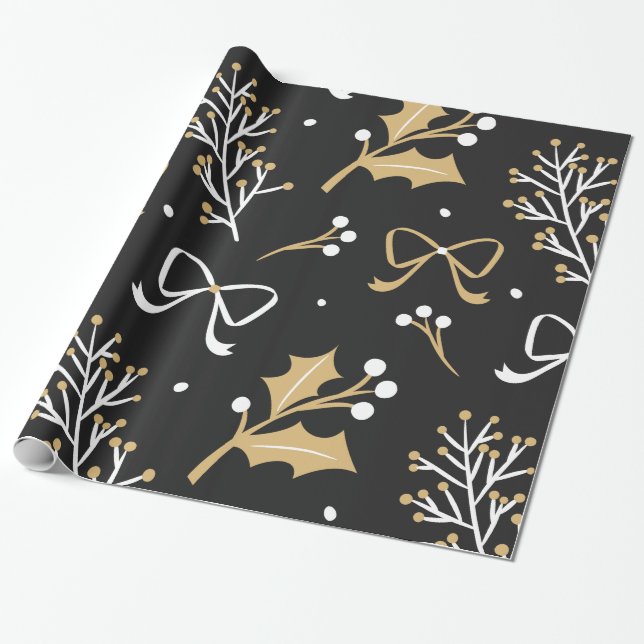 Papel De Regalo Elegante patrón negro de Navidades Mistletoe y Cin (Desenrollado)