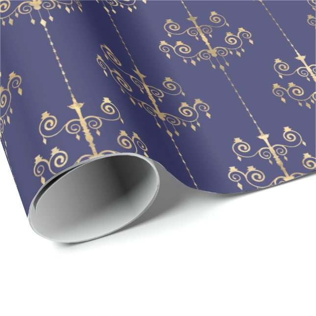 Papel De Regalo Elegante patrón oro azul de la Marina de los Glam (Esquina del rollo)