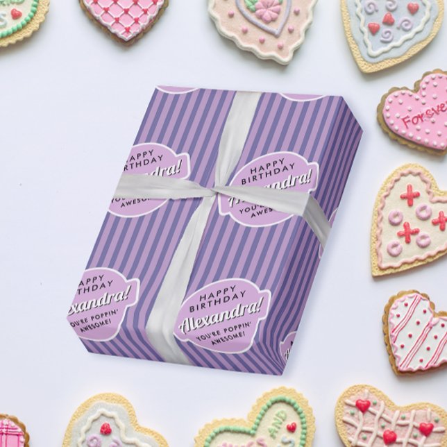 Papel De Regalo Elegante Patrón rayado de palomitas rosadas púrpur (Subido por el creador)