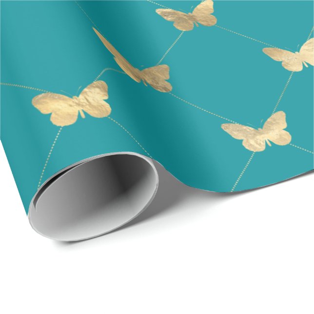 Papel De Regalo Elegante patrón Verde azulado de mariposa dorada (Esquina del rollo)