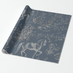 Papel De Regalo Elegante Patrulla Floral de Caballos Gris Azul Vin