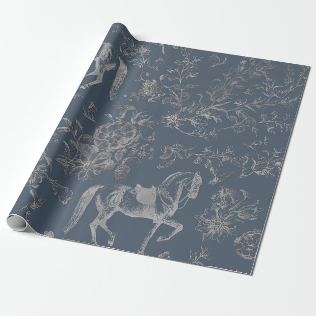 Papel De Regalo Elegante Patrulla Floral de Caballos Gris Azul Vin (Desenrollado)