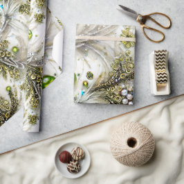 Papel De Regalo Elegante Perla de perlas de plumas doradas y verde