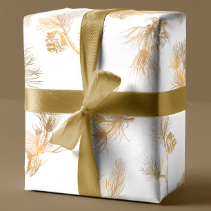Papel De Regalo Elegante Pino de Invierno Dorado Grabado