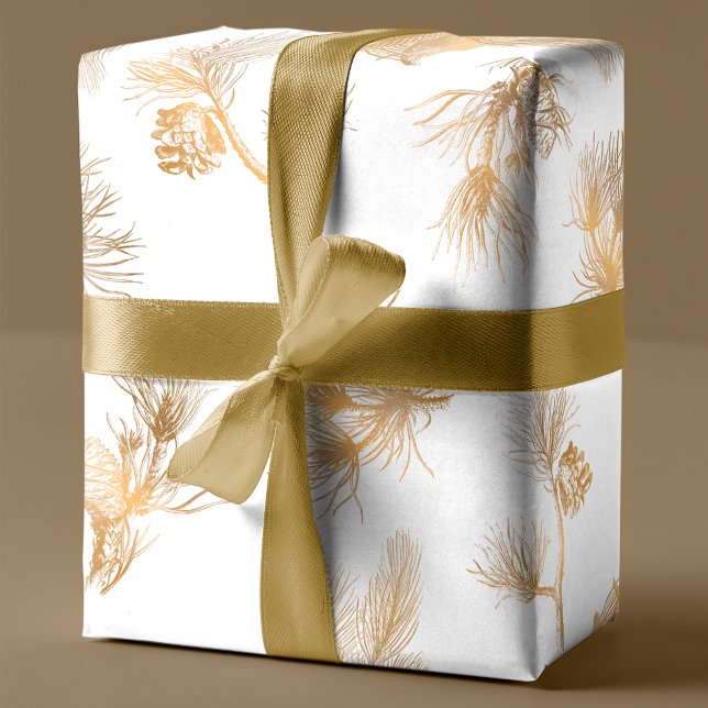 Papel De Regalo Elegante Pino de Invierno Dorado Grabado (Subido por el creador)