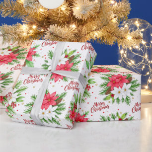 Papel De Regalo Elegante Poinsettia de Acuarela Feliz Navidad