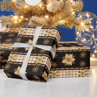 Papel De Regalo Elegante Poinsettia Dorada Cuadros Negro TMF26