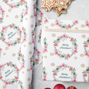 Papel De Regalo Elegante Poinsettia Navidades de copos de nieve do