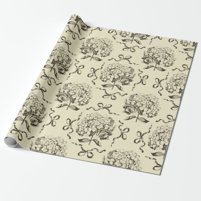 Papel De Regalo Elegante Preppy Beige Toile Hydrangea Bow Patrón (Desenrollado)