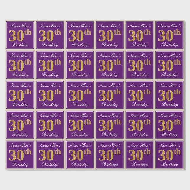 Papel De Regalo Elegante, púrpura, falso oro 30 cumpleaños + nombr (Superficie plana)