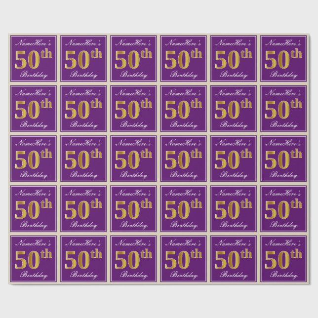 Papel De Regalo Elegante, púrpura, Faux Gold 50 cumpleaños + nombr (Superficie plana)