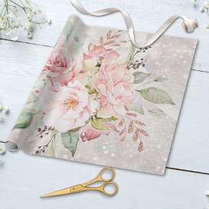 Papel De Regalo Elegante Purpurina de Mármol Floral Rosa Peonia Ro