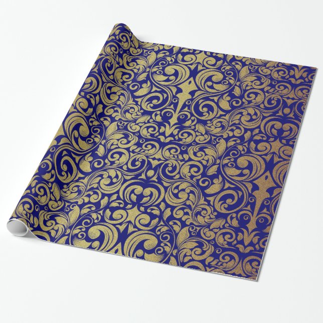 Papel De Regalo Elegante Purpurina de oro Royal Blue Damask (Desenrollado)