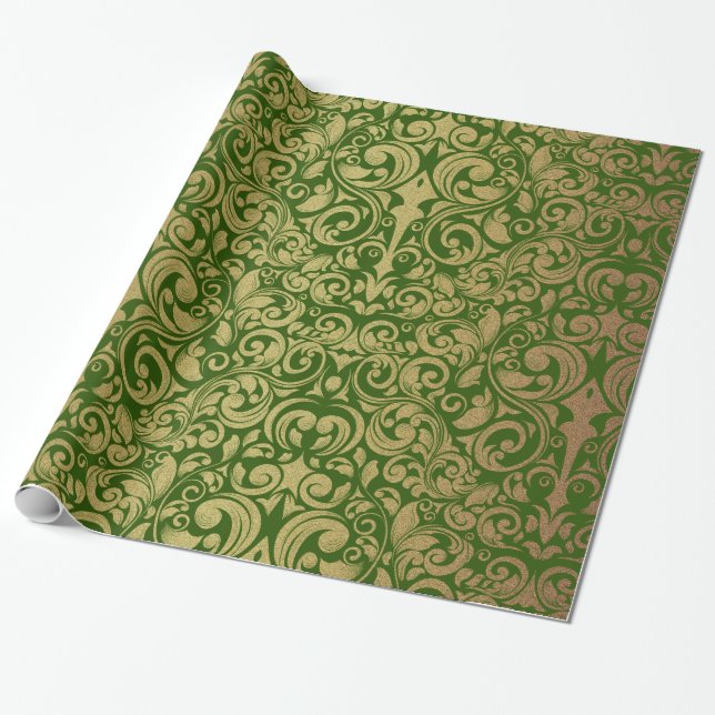 Papel De Regalo Elegante Purpurina de oro Royal Green Damask (Desenrollado)