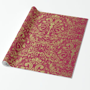 Papel De Regalo Elegante Purpurina de oro Royal Red Damask