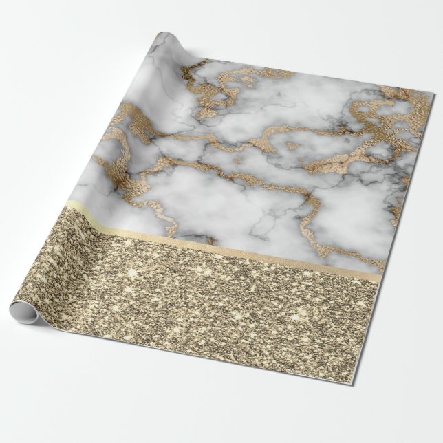 Papel De Regalo Elegante Purpurina dorado brillante mármol blanco (Desenrollado)