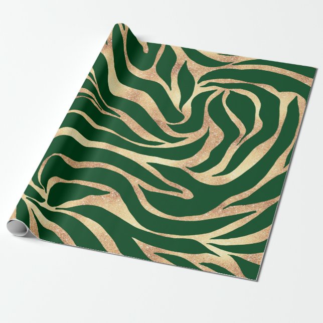 Papel De Regalo Elegante Purpurina dorado, impresión en verde cebr (Desenrollado)