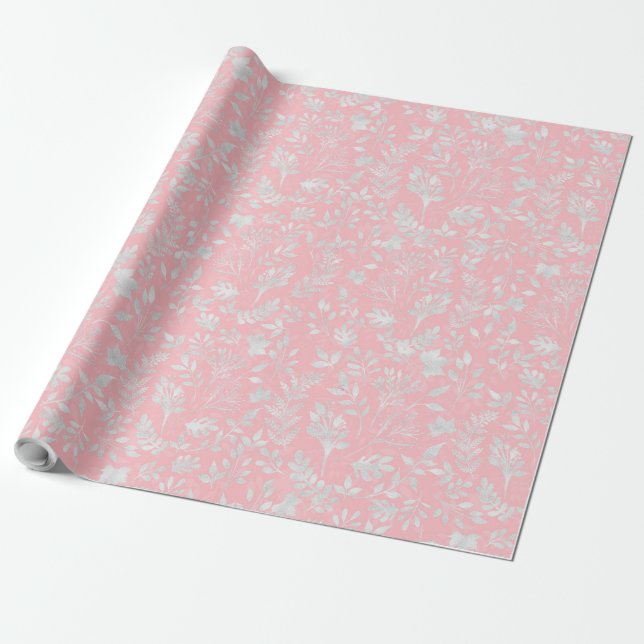Papel De Regalo Elegante Purpurina plateado Foliage Diseño rosa (Desenrollado)