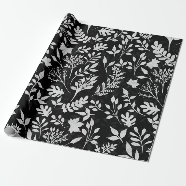 Papel De Regalo Elegante Purpurina plateado Foliage Funda de diseñ (Desenrollado)