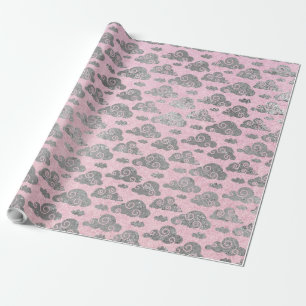 Papel De Regalo Elegante Purpurina plateado nubes dulce rosa