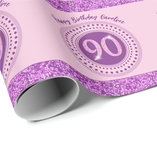 Papel De Regalo Elegante Purpurina rosado de cumpleaños 90 con ray (Esquina del rollo)