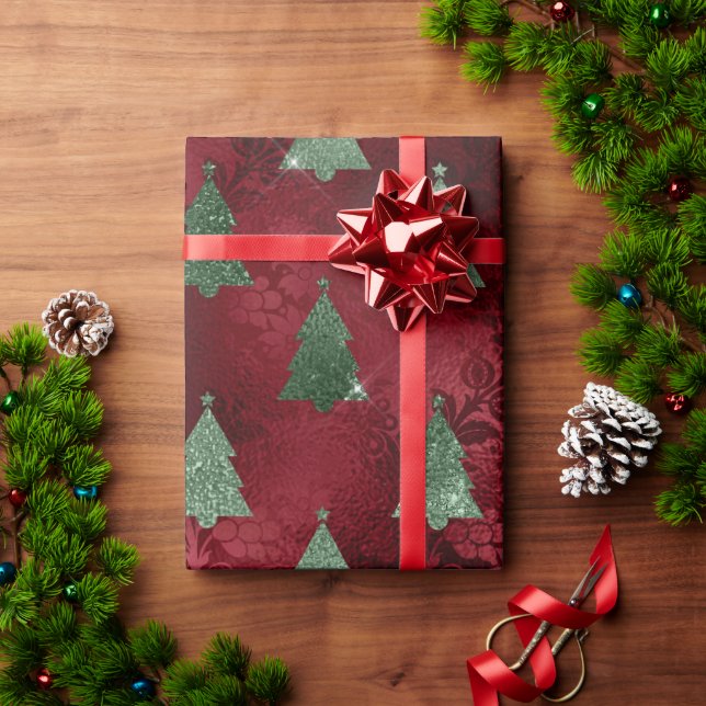 Papel De Regalo Elegante Red Green Christmas Trees Damask (Regalo de vacaciones)