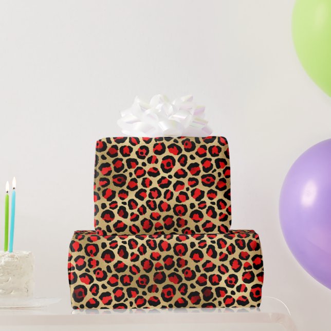 Papel De Regalo Elegante Red & Relieve metalizado dorado Leopard S (Regalos de fiesta)