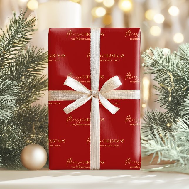 Papel De Regalo Elegante Red y Gold Merry Christmas Name (Add a personal touch to your christmas gifts with personalized red and gold-effect text gift wrap)